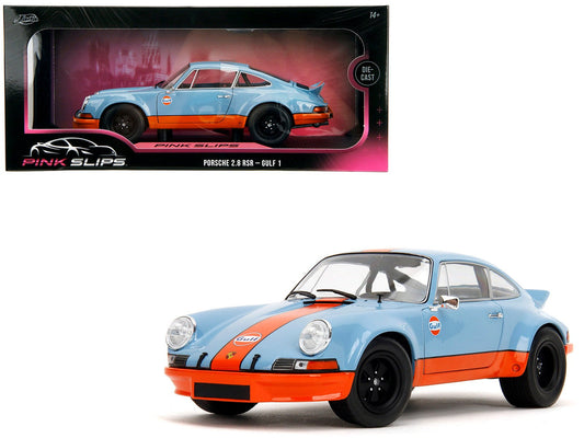 Porsche 911 RSR "Gulf Oil" Light Blue with Orange Stripes "Pink Slips" Series 1/18 Diecast Model Car by Jada free shipping USA - Rapid Vehicles