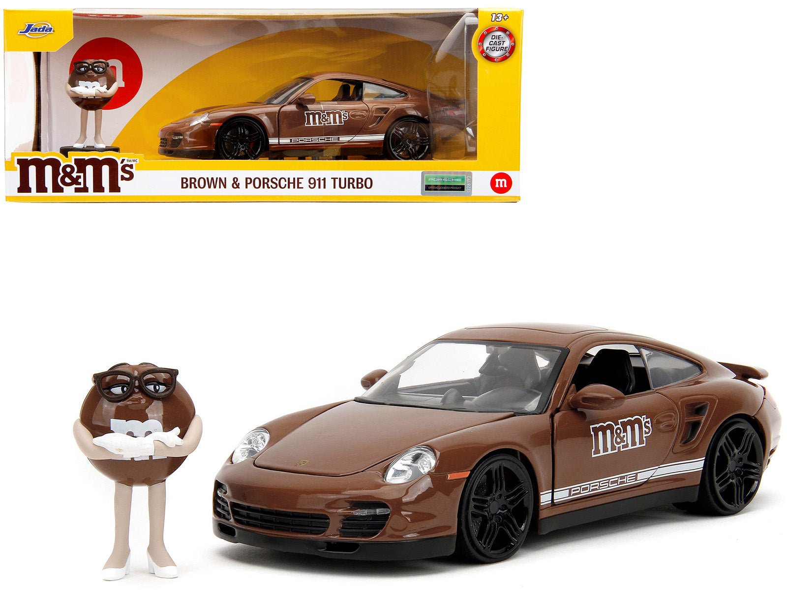 Porsche 911 Turbo Brown and Brown M&M Diecast Figure "M&M's" "Hollywood Rides" Series 1/24 Diecast Model Car by Jada free shipping USA - Rapid Vehicles