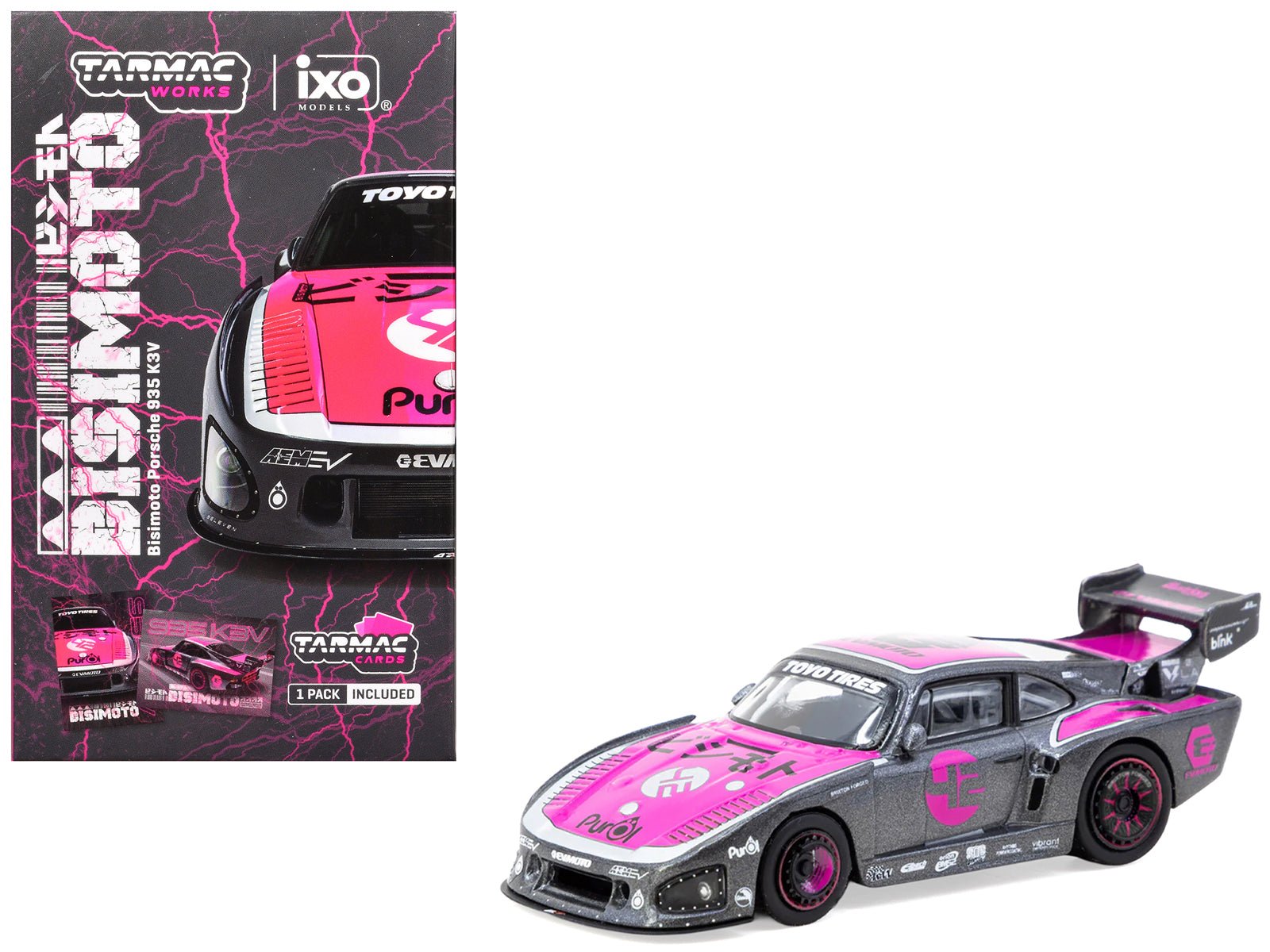 Porsche 935 K3V Bisimoto Gray Metallic with Pink Hood and Top with Tarmac Cards "Hobby64" Series 1/64 Diecast Model by Tarmac Works free shipping USA - Rapid Vehicles