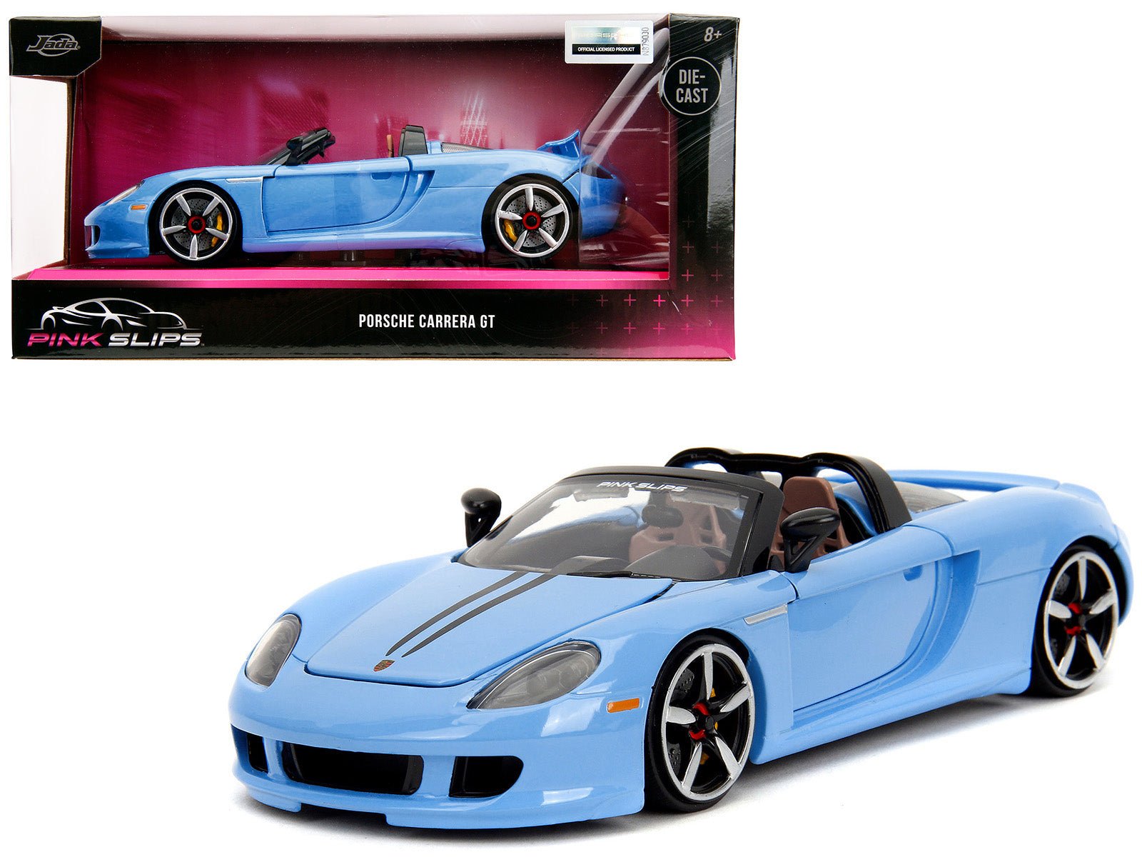 Porsche Carrera GT Convertible Blue with Black Stripes "Pink Slips" Series 1/24 Diecast Model Car by Jada free shipping USA - Rapid Vehicles