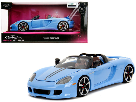 Porsche Carrera GT Convertible Blue with Black Stripes "Pink Slips" Series 1/24 Diecast Model Car by Jada free shipping USA - Rapid Vehicles