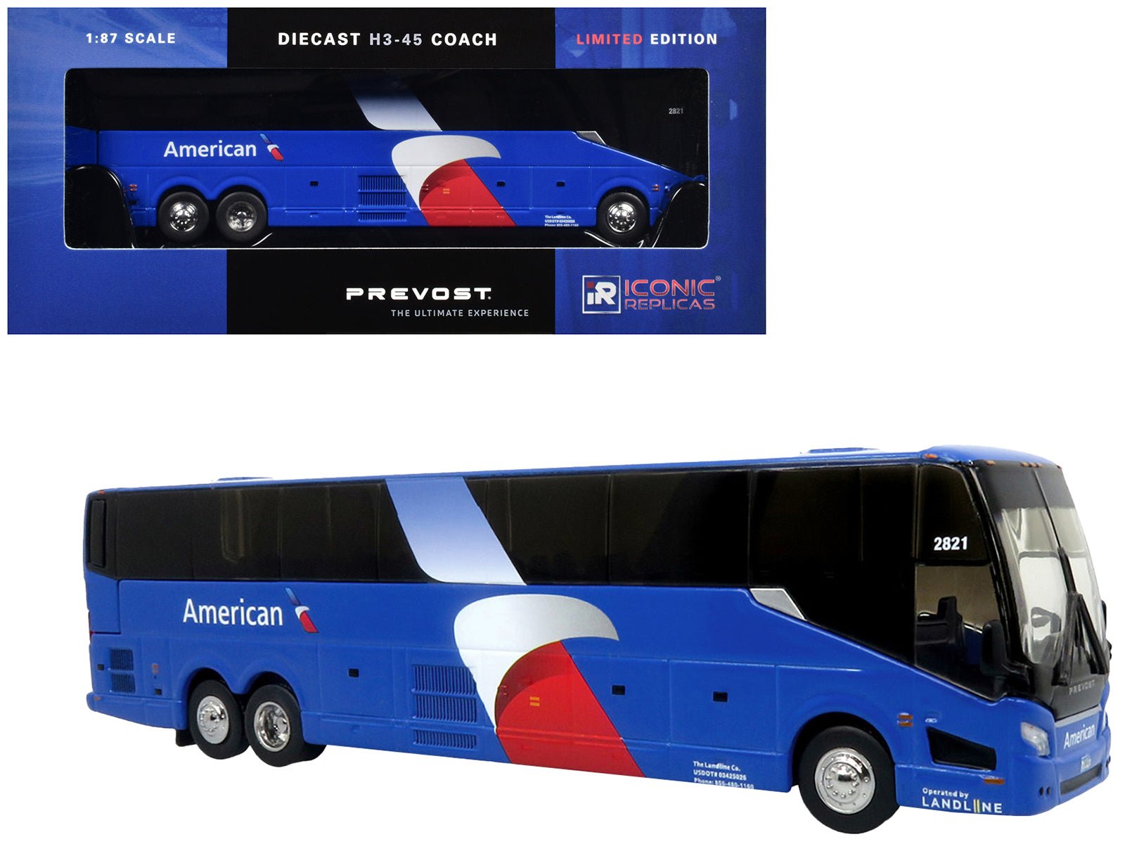 Prevost H3 - 45 Coach Bus "American Airlines Landline" Blue with Graphics Limited Edition 1/87 (HO) Diecast Model by Iconic Replicas free shipping USA - Rapid Vehicles