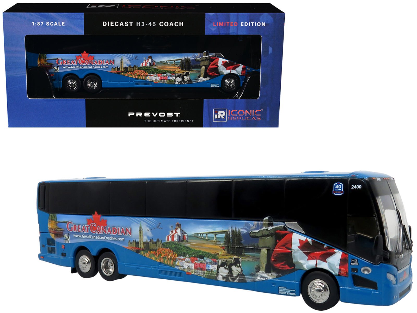 Prevost H3 - 45 Coach Bus "Great Canadian Coaches" Blue with Graphics Limited Edition 1/87 (HO) Diecast Model by Iconic Replicas free shipping USA - Rapid Vehicles