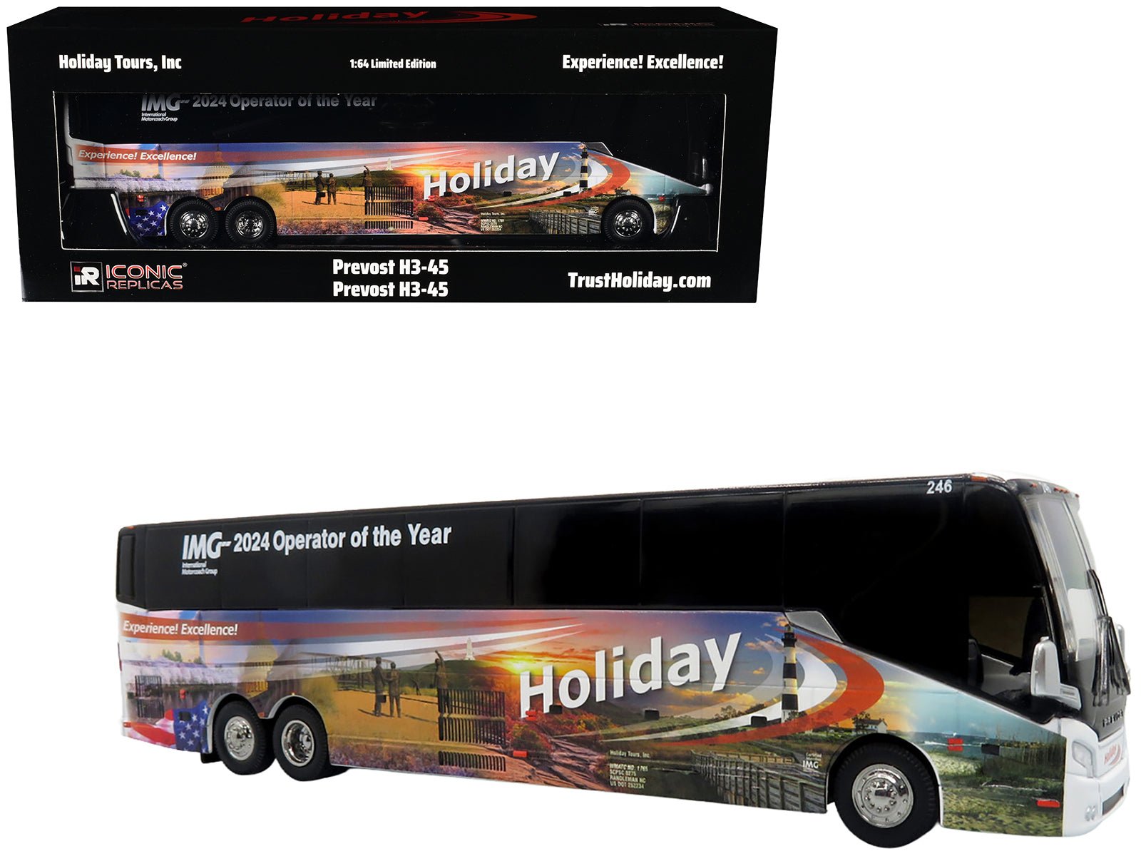 Prevost H3 - 45 Coach Bus "Holiday Tours - 2024 IMG Operator of the Year" White with Graphics Limited Edition 1/64 Diecast Model by Iconic Replicas free shipping USA - Rapid Vehicles