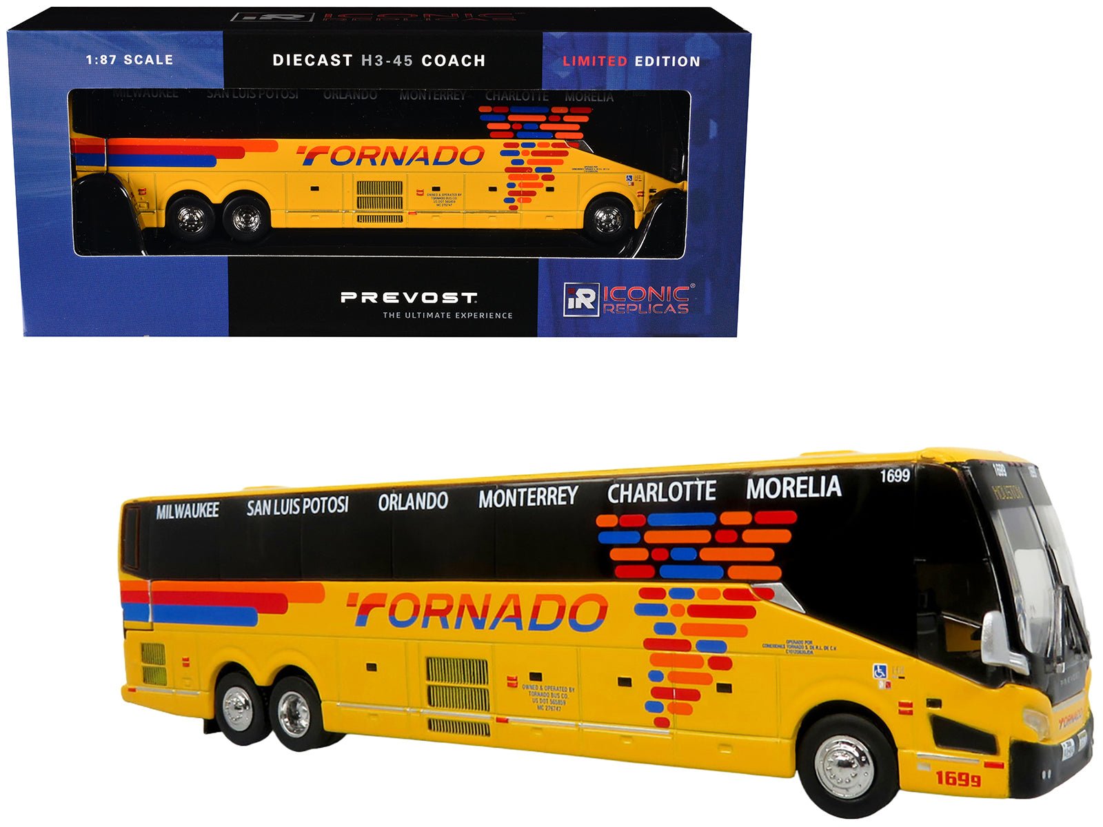 Prevost H3 - 45 Coach Bus "Tornado Bus Company" Yellow with Graphics Limited Edition 1/87 (HO) Diecast Model by Iconic Replicas free shipping USA - Rapid Vehicles