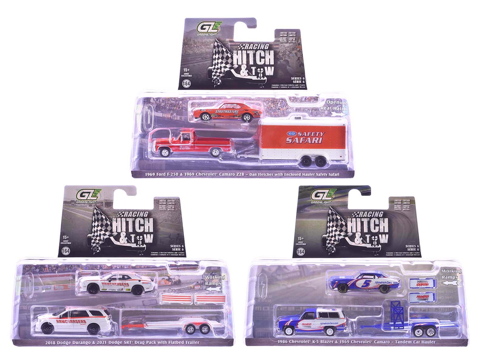 "Racing Hitch & Tow" Series 6 Set of 3 pieces 1/64 Diecast Model Cars by Greenlight free shipping USA - Rapid Vehicles