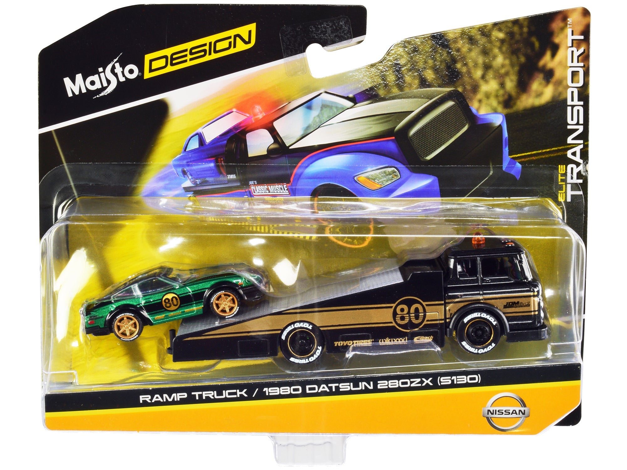 Ramp Truck 80 Dark Gray Metallic with Gold Metallic Stripes "JDM Garage" and 1980 Datsun 280ZX (S130) 80 Green Metallic with Stripes "Elite Transport" Series 1/64 Diecast Models by Maisto free shipping USA - Rapid Vehicles