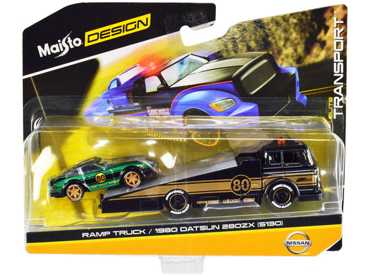 Ramp Truck 80 Dark Gray Metallic with Gold Metallic Stripes "JDM Garage" and 1980 Datsun 280ZX (S130) 80 Green Metallic with Stripes "Elite Transport" Series 1/64 Diecast Models by Maisto free shipping USA - Rapid Vehicles