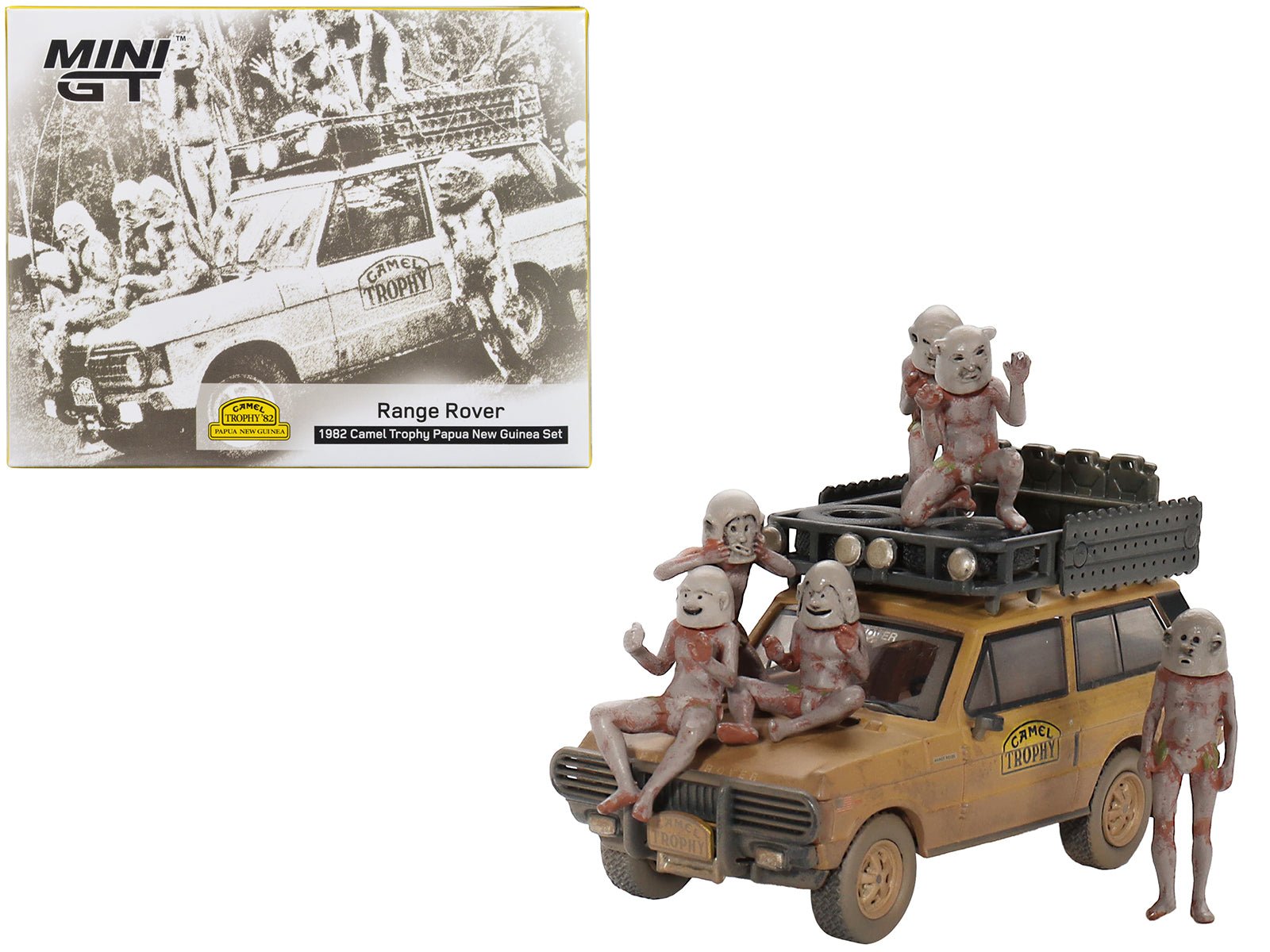 Range Rover with Roofrack Tan (Dirty Version) "Camel Trophy - Papua New Guinea Team USA" (1982) with "Papua New Guinea Asaro Mudmen" 6 piece Figure Set 1/64 Diecast Model Car by Mini GT free shipping USA - Rapid Vehicles