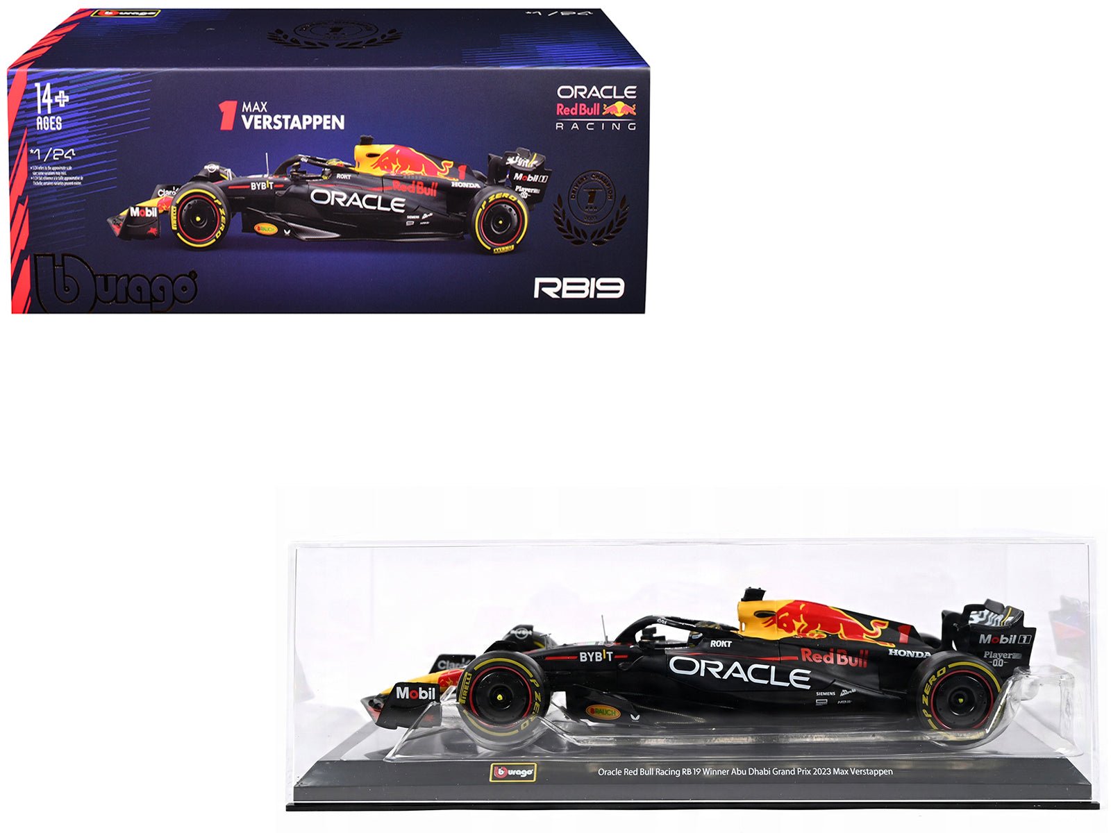 Red Bull Racing RB19 1 Max Verstappen "Oracle" Winner Formula One F1 Championship "Drivers' Champion" (2023) with Display Case 1/24 Diecast Model Car by Bburago free shipping USA - Rapid Vehicles