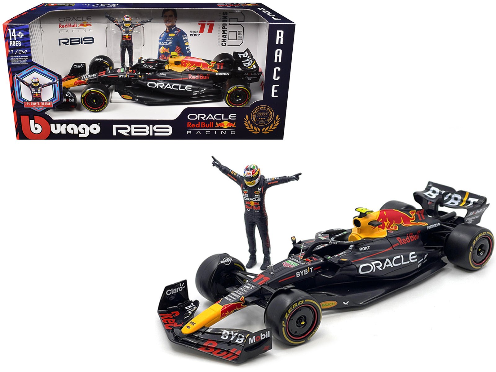 Red Bull Racing RB19 11 Sergio Perez "Oracle" Formula One F1 Championship "Constructor Champions" (2023) with Driver Figure 1/24 Diecast Model Car by Bburago free shipping USA - Rapid Vehicles