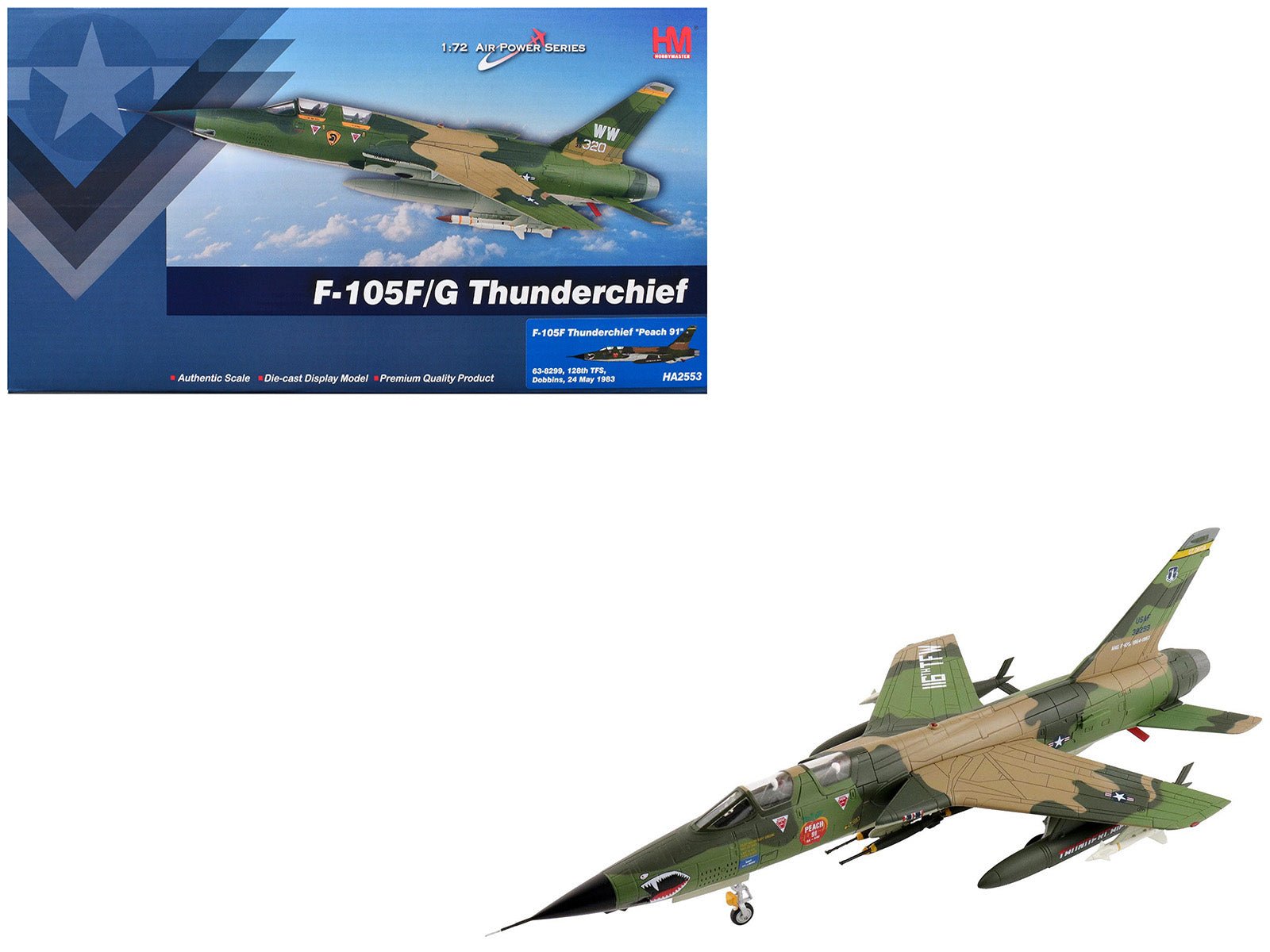 Republic F - 105F Thunderchief Fighter - Bomber Aircraft "63 - 8299 Peach 91 128th Tactical Fighter Squadron Georgia ANG Dobbins Air Reserve Base" United States Air Force "Air Power Series" 1/72 Diecast Model by Hobby Master free shipping USA - Rapid Vehicles
