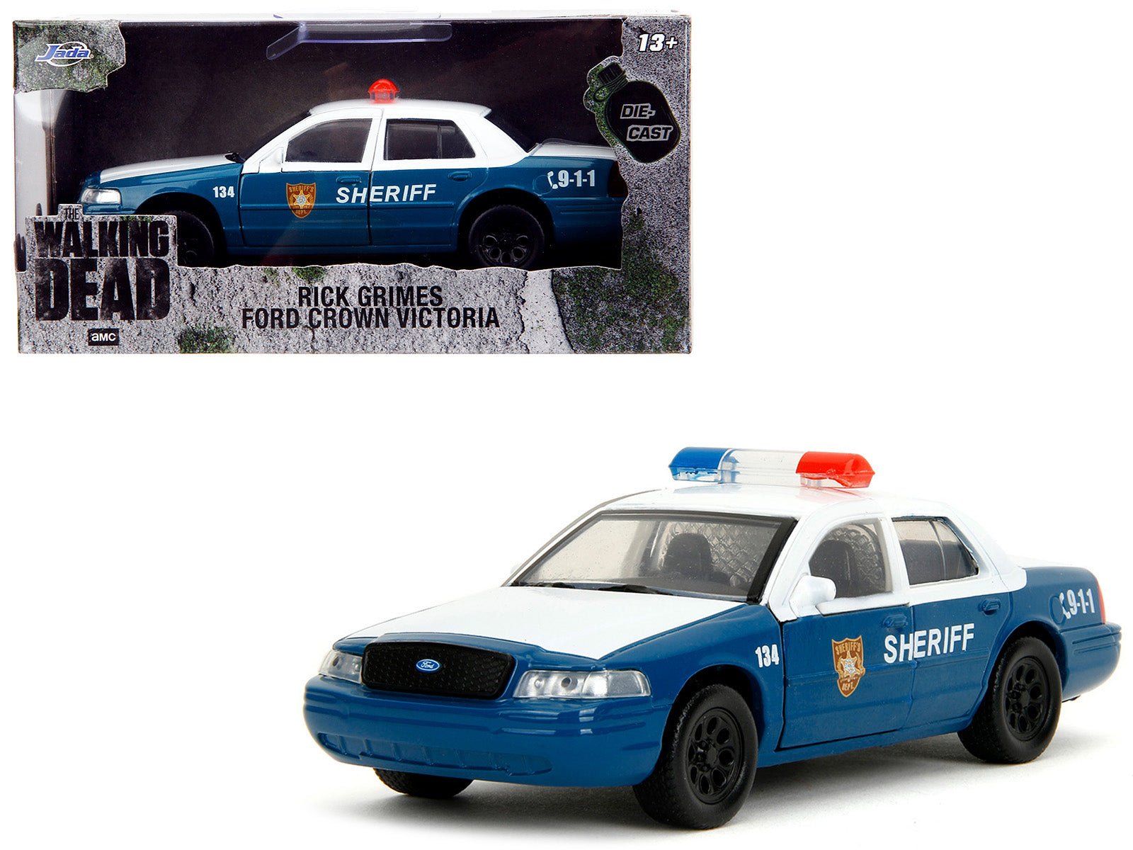 Rick Grimes' Ford Crown Victoria "Sheriff" Blue and White "The Walking Dead" (2010 - 2022) TV Series "Hollywood Rides" Series 1/32 Diecast Model Car by Jada free shipping USA - Rapid Vehicles