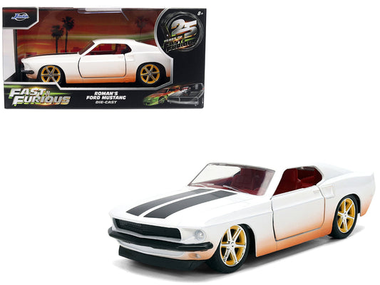 Roman's Ford Mustang White with Black Stripes and Red Interior (Dirty Version) "Fast & Furious" Movie "Fast & Furious 25th Anniversary" Series 1/32 Diecast Model Car by Jada free shipping USA - Rapid Vehicles