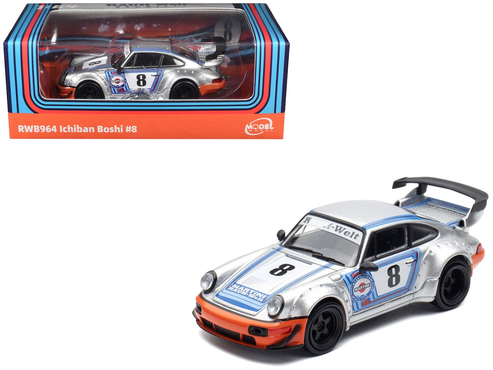 RWB 964 8 "Ichiban Boshi - Martini Racing" Silver Metallic with Stripes 1/64 Diecast Model Car by Model Model free shipping USA - Rapid Vehicles