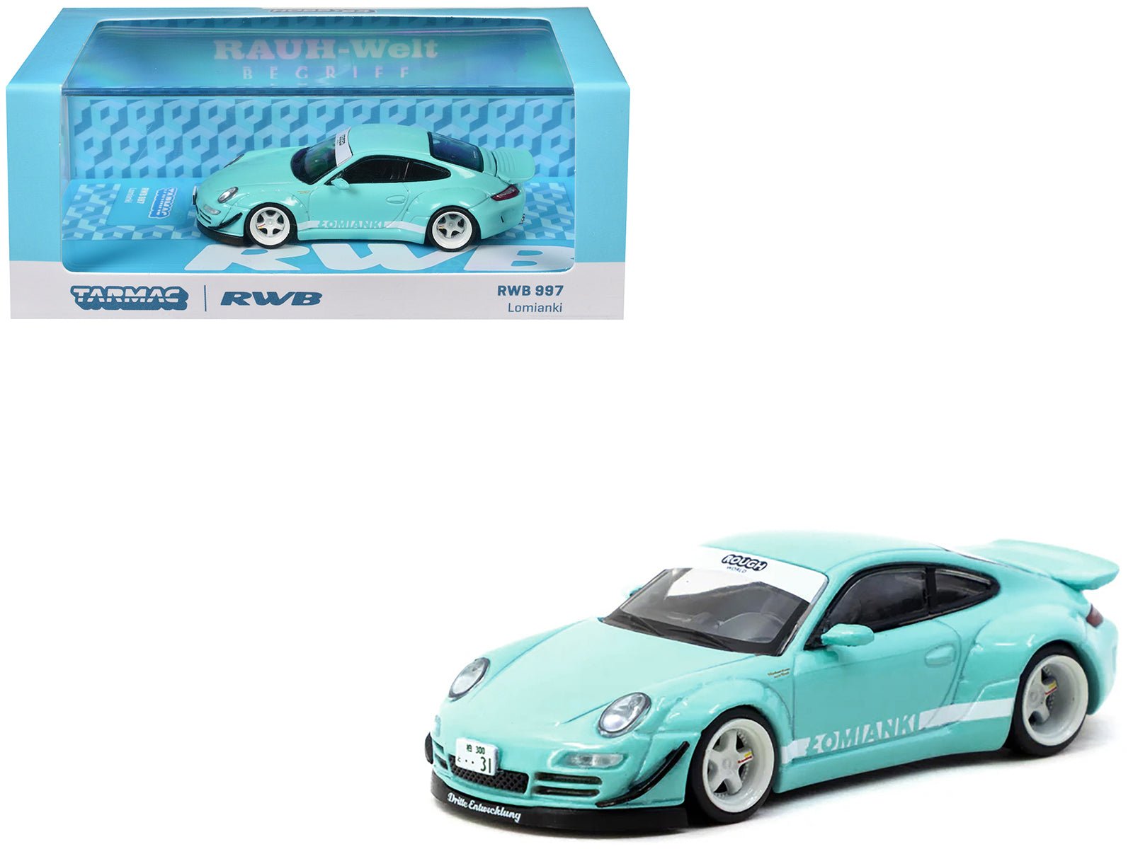 RWB 997 "Lomianki" Light Blue with White Stripes "Hobby64" Series 1/64 Diecast Model Car by Tarmac Works free shipping USA - Rapid Vehicles