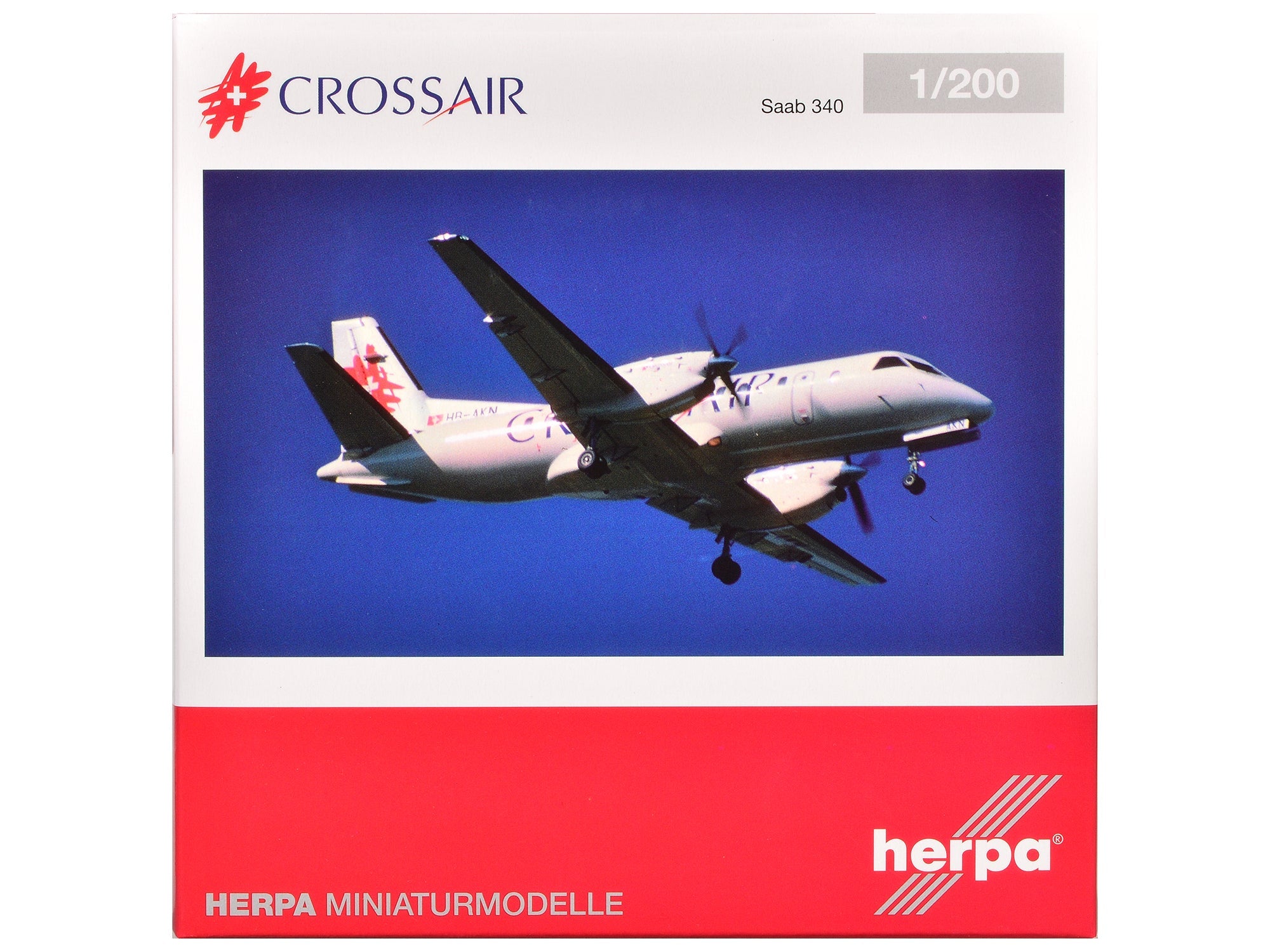 Saab 340 Commercial Aircraft "Crossair" (HB - AKN) White with Tail Graphics 1/200 Diecast Model Airplane by Herpa free shipping USA - Rapid Vehicles