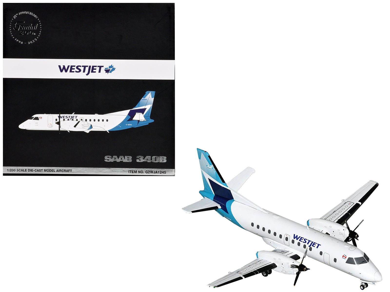 Saab 340B Commercial Aircraft "WestJet" (C - GOIA) White with Blue Stripes and Tail "Gemini 200" Series 1/200 Diecast Model Airplane by GeminiJets free shipping USA - Rapid Vehicles