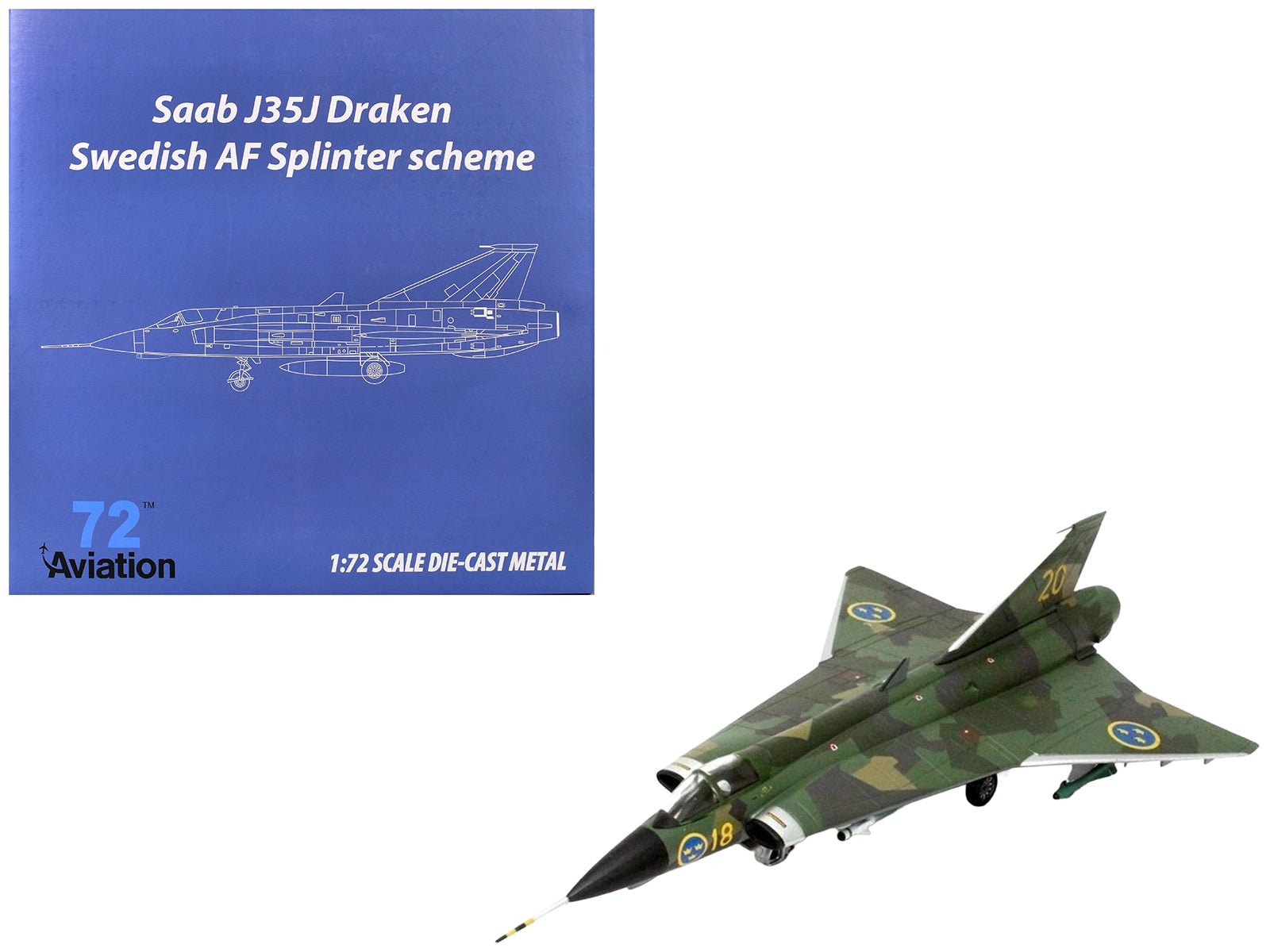 Saab J35J Draken Fighter Aircraft "Splinter Camouflage Scheme F 18 Sodertorn Wing" (1972) Swedish Air Force 1/72 Diecast Model Airplane by Aviation 72 free shipping USA - Rapid Vehicles