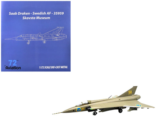 Saab S35 Draken Fighter Aircraft "59 F 11 Wing Skavsta Museum" (1979) Swedish Air Force 1/72 Diecast Model Airplane by Aviation 72 free shipping USA - Rapid Vehicles
