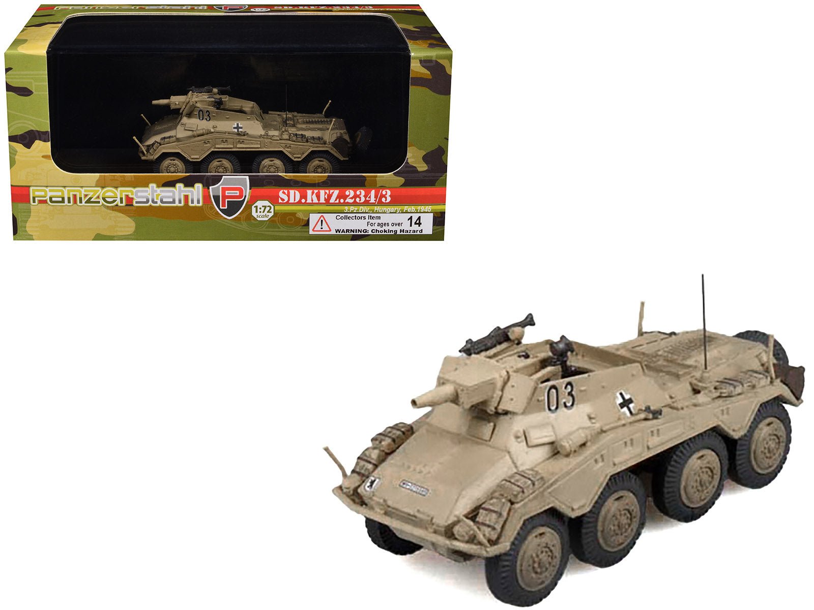 Sd.Kfz. 234/3 Armored Vehicle "0 3rd Panzer Division Hungary" (1945) German Army 1/72 Diecast Model by Panzerstahl free shipping USA - Rapid Vehicles