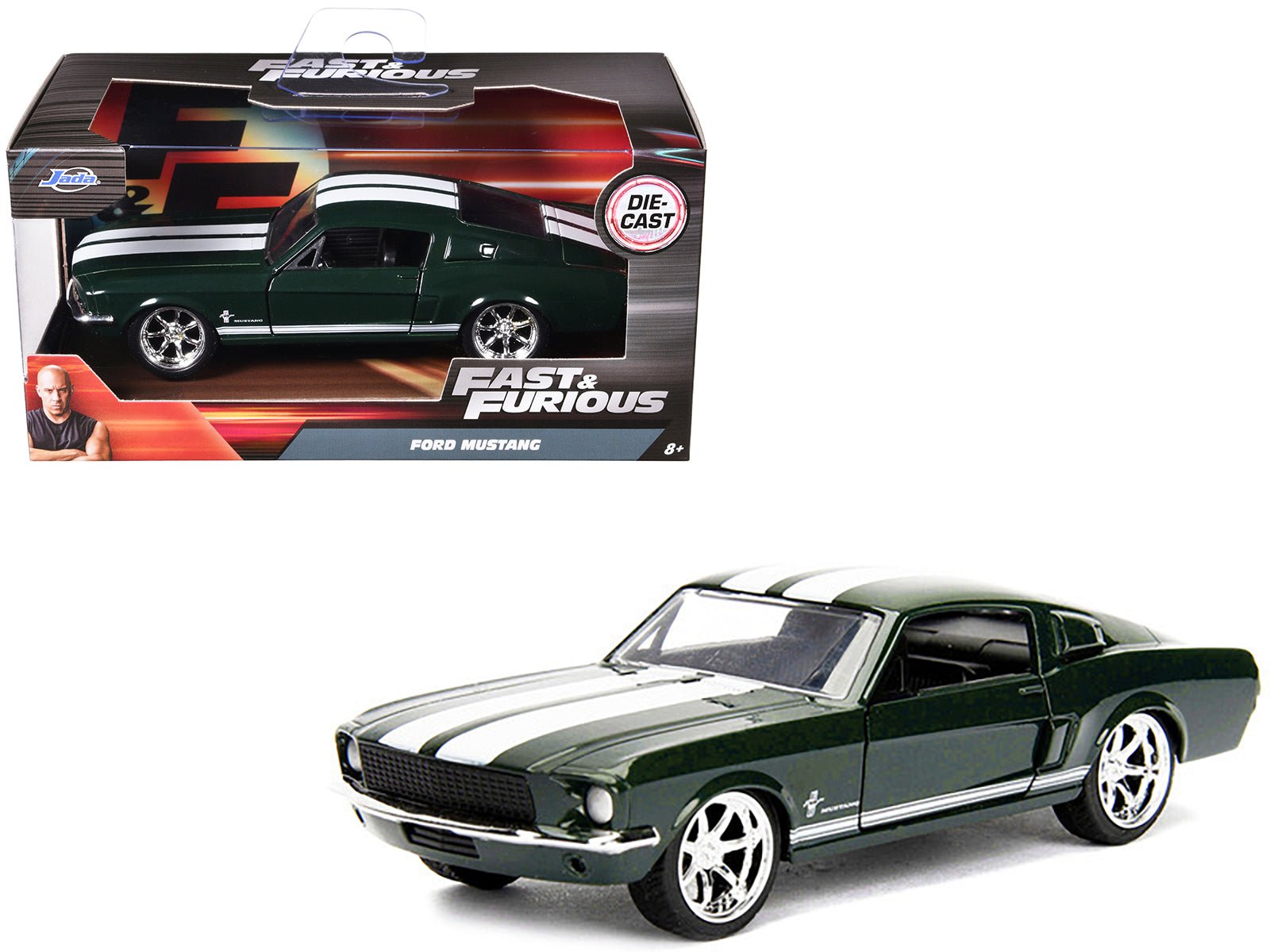Sean's Ford Mustang Dark Green with White Stripes "Fast & Furious" Movie 1/32 Diecast Model Car by Jada free shipping USA - Rapid Vehicles