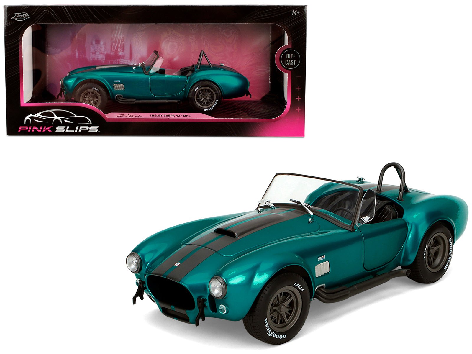 Shelby Cobra 427 MKII Teal Metallic with Gray Stripes "Pink Slips" Series 1/18 Diecast Model Car by Jada free shipping USA - Rapid Vehicles