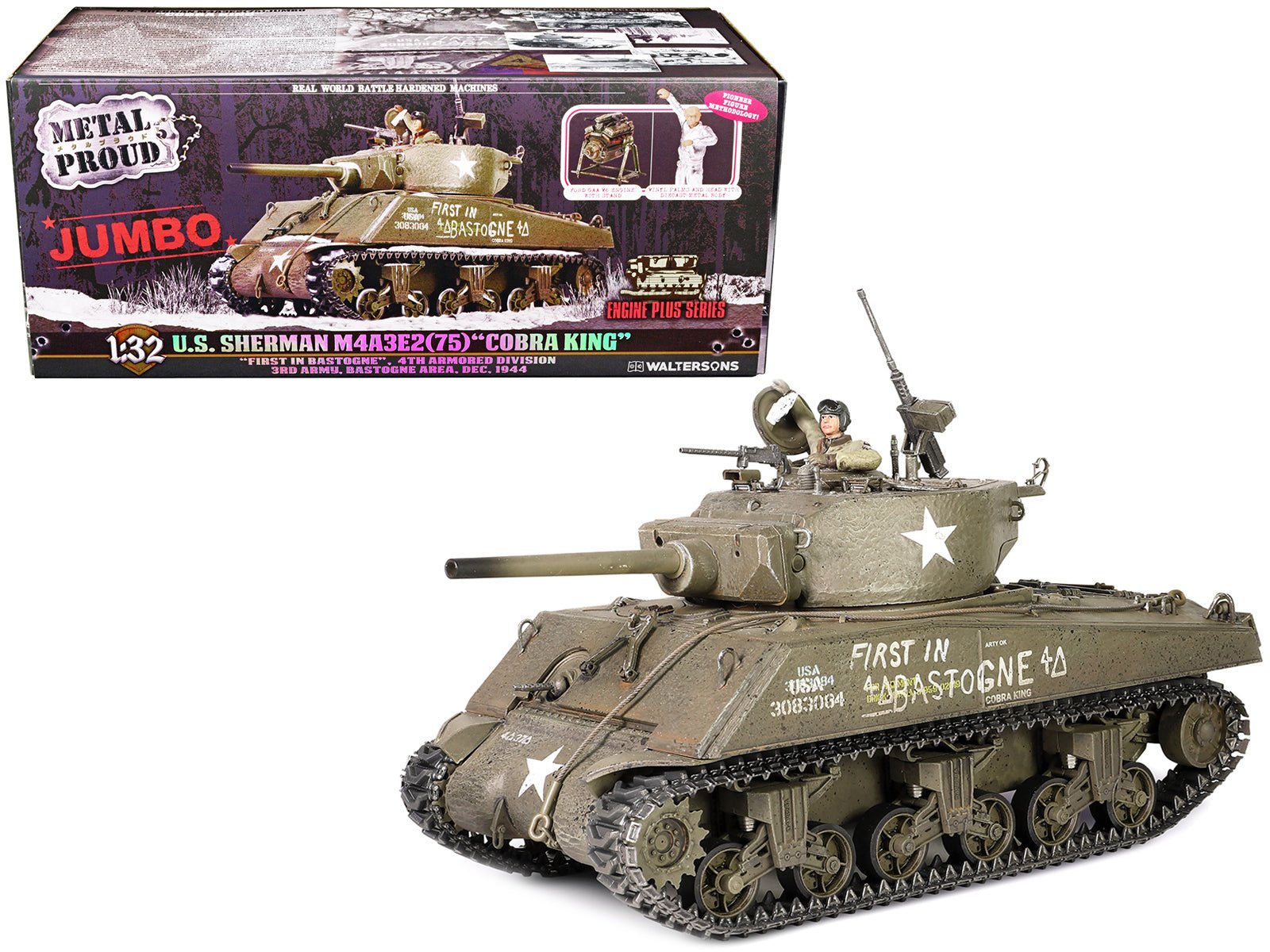 Sherman M4A3E2 (75) “Cobra King” Medium Tank “First in Bastogne” George Smith Patton’s 4th A.Div. 3rd Army Bastogne area (26 December 1944) "Engine Plus" Series 1/32 Diecast Model by Metal Proud free shipping USA - Rapid Vehicles