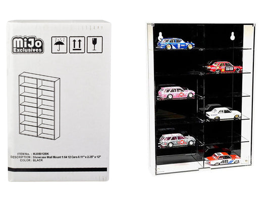 Showcase 12 Car Display Case Wall Mount with Black Back Panel "Mijo Exclusives" for 1/64 Scale Models free shipping USA - Rapid Vehicles