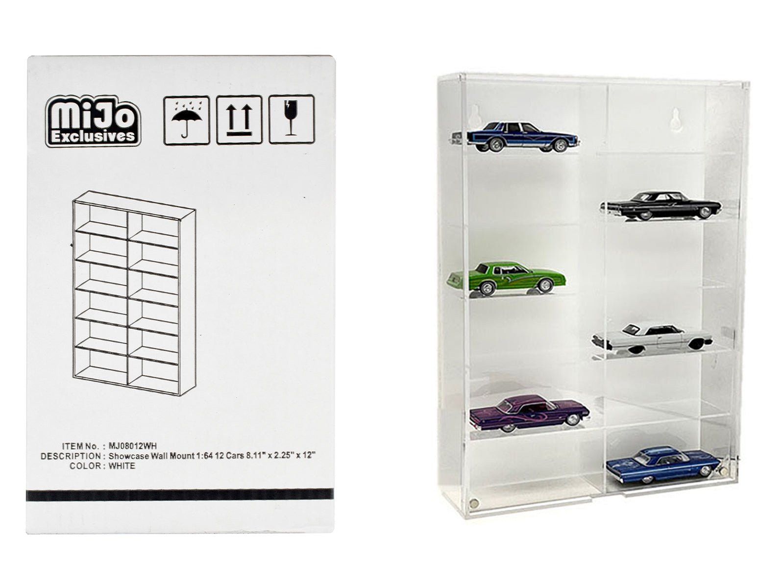 Showcase 12 Car Display Case Wall Mount with White Back Panel "Mijo Exclusives" for 1/64 Scale Models free shipping USA - Rapid Vehicles