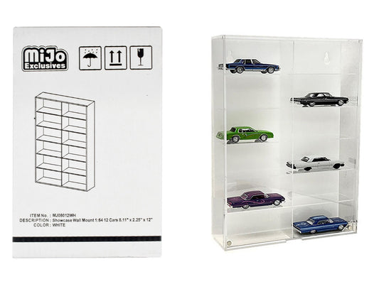 Showcase 12 Car Display Case Wall Mount with White Back Panel "Mijo Exclusives" for 1/64 Scale Models free shipping USA - Rapid Vehicles