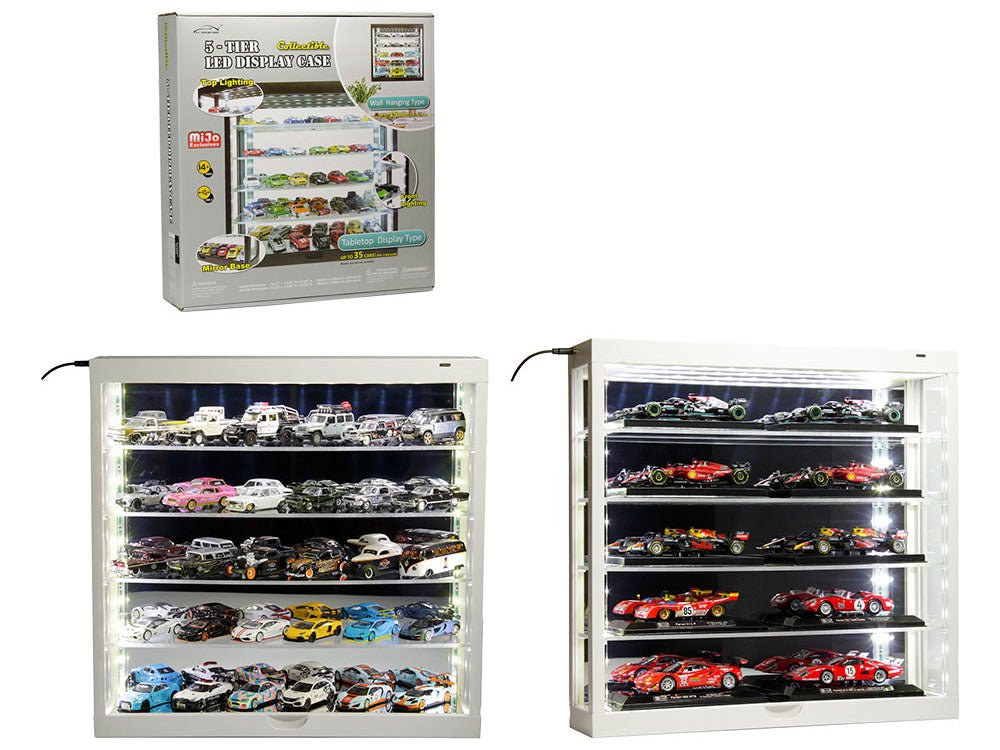 Showcase Wall Mount 5 Tier Display Case White with Mirror Back Panel "Mijo Exclusives" for 1/64 - 1/43 Scale Models free shipping USA - Rapid Vehicles