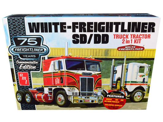 Skill 3 Model Kit White Freightliner SD/DD Truck Tractor 2 - in - 1 Kit with Display Base "75th Freightliner Anniversary" Commemorative Edition 1/25 Scale Model by AMT free shipping USA - Rapid Vehicles