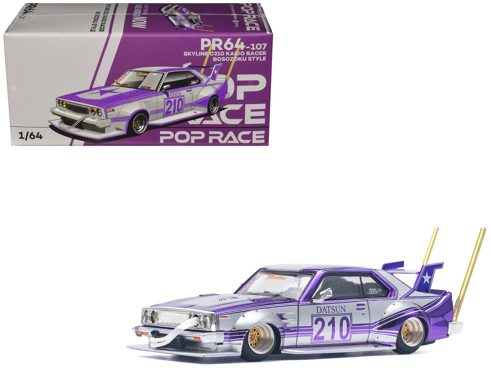 Skyline C210 Kaido Racer "Bosozoku Style" RHD (Right Hand Drive) 210 Purple and Silver 1/64 Diecast Model Car by Pop Race free shipping USA - Rapid Vehicles