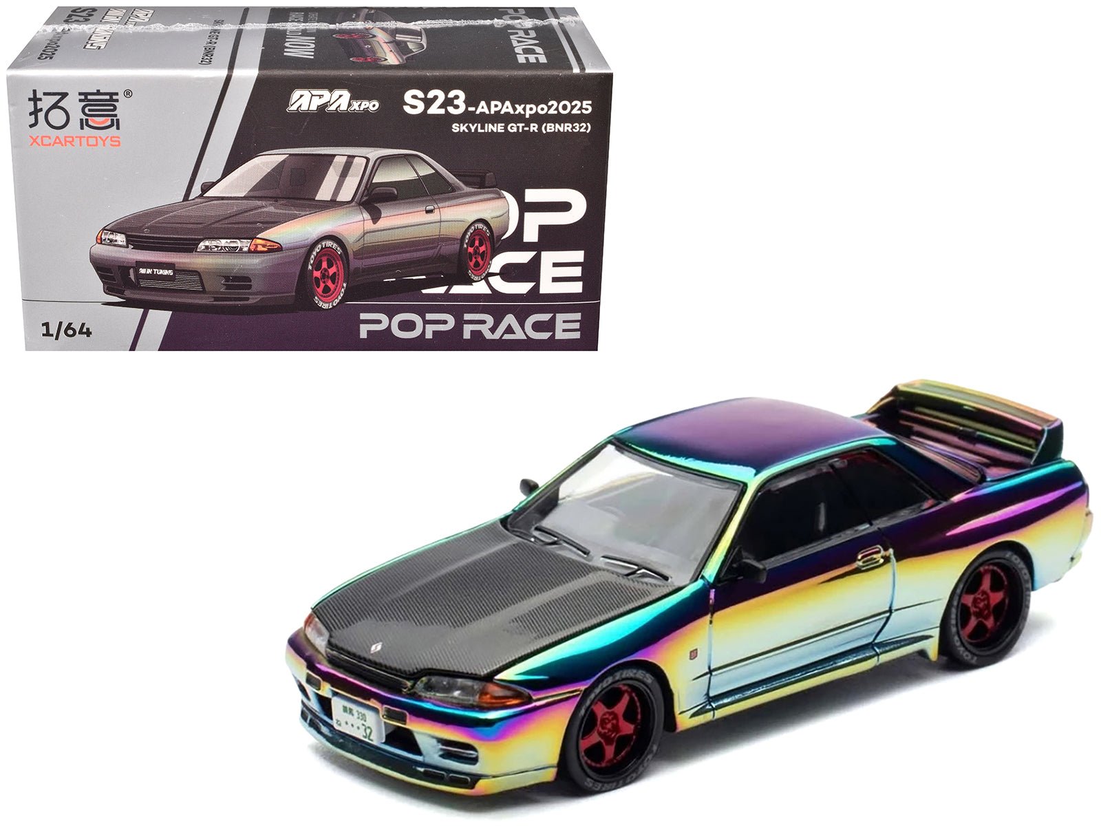 Skyline GT - R (BNR32) RHD (Right Hand Drive) Chameleon Chrome with Carbon Hood "APA XPO 2025 Exclusive 1/64 Diecast Model Car by Pop Race free shipping USA - Rapid Vehicles
