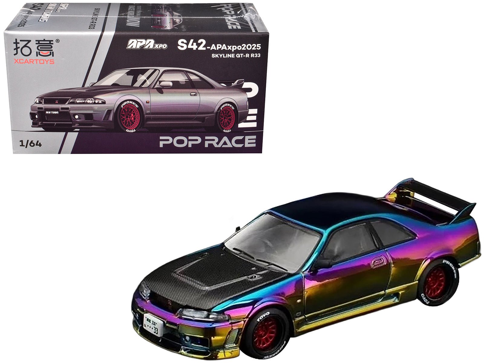 Skyline GT - R (R33) RHD (Right Hand Drive) Chameleon Chrome with Carbon Hood "APA XPO 2025 Exclusive" 1/64 Diecast Model Car by Pop Race free shipping USA - Rapid Vehicles