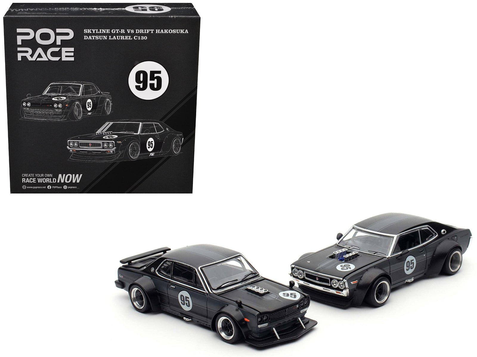 Skyline GT - R V8 Drift "Hakosuka" RHD (Right Hand Drive) 95 Black and Datsun Laurel C130 RHD (Right Hand Drive) Black 2 Car Box Set "Hong Kong Toycar Salon 2025" 1/64 Diecast Model Car by Pop Race free shipping USA - Rapid Vehicles