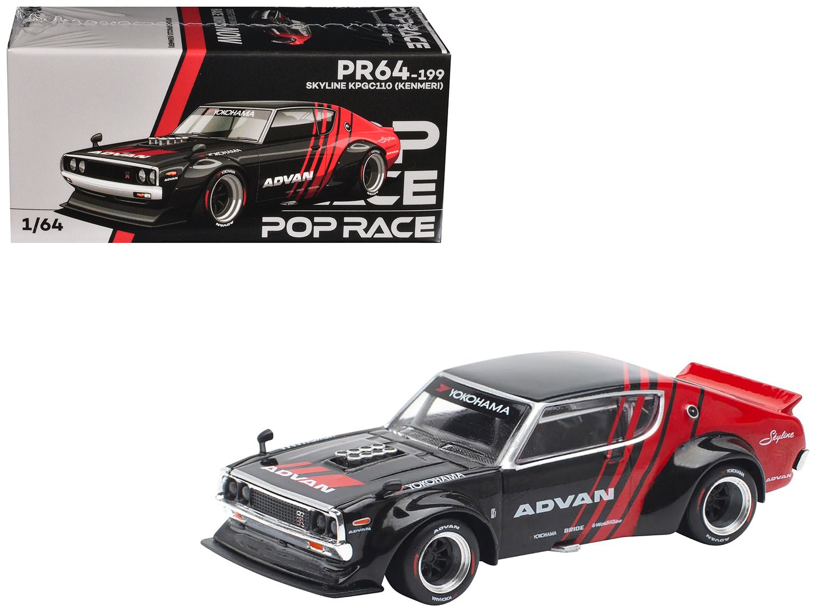 Skyline KPGC110 "Kenmeri" RHD (Right Hand Drive) "ADVAN" Black and Red 1/64 Diecast Model Car by Pop Race free shipping USA - Rapid Vehicles