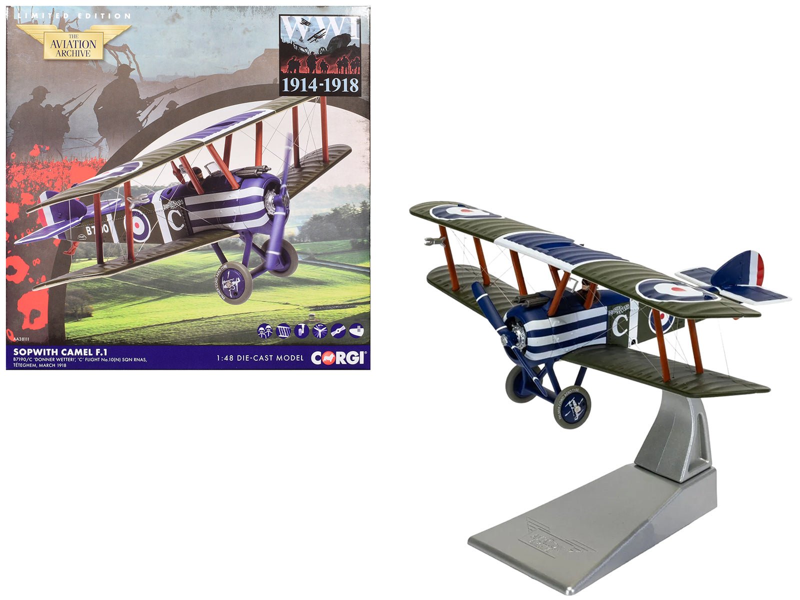 Sopwith Camel F.1 Aircraft "B7190 Donner Wetter! 'C' Flight No. 10 Squadron" (1918) Royal Naval Air Service "The Aviation Archive" Series 1/48 Diecast Model by Corgi free shipping USA - Rapid Vehicles