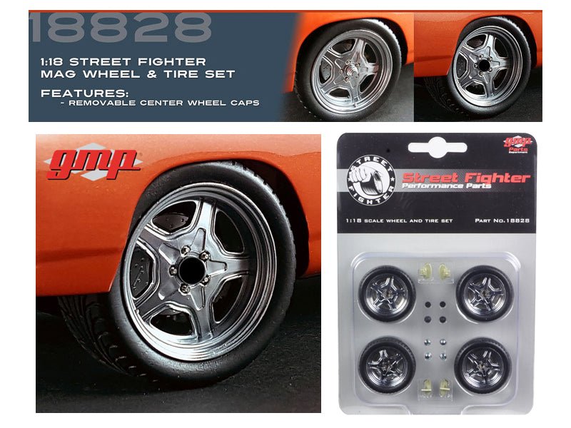 Street Fighter Mag Wheel and Tire Set of 4 pieces from "1970 Plymouth RoadRunner "The Hammer" "Fast & Furious" Movie 1/18 by GMP - Rapid Vehicles