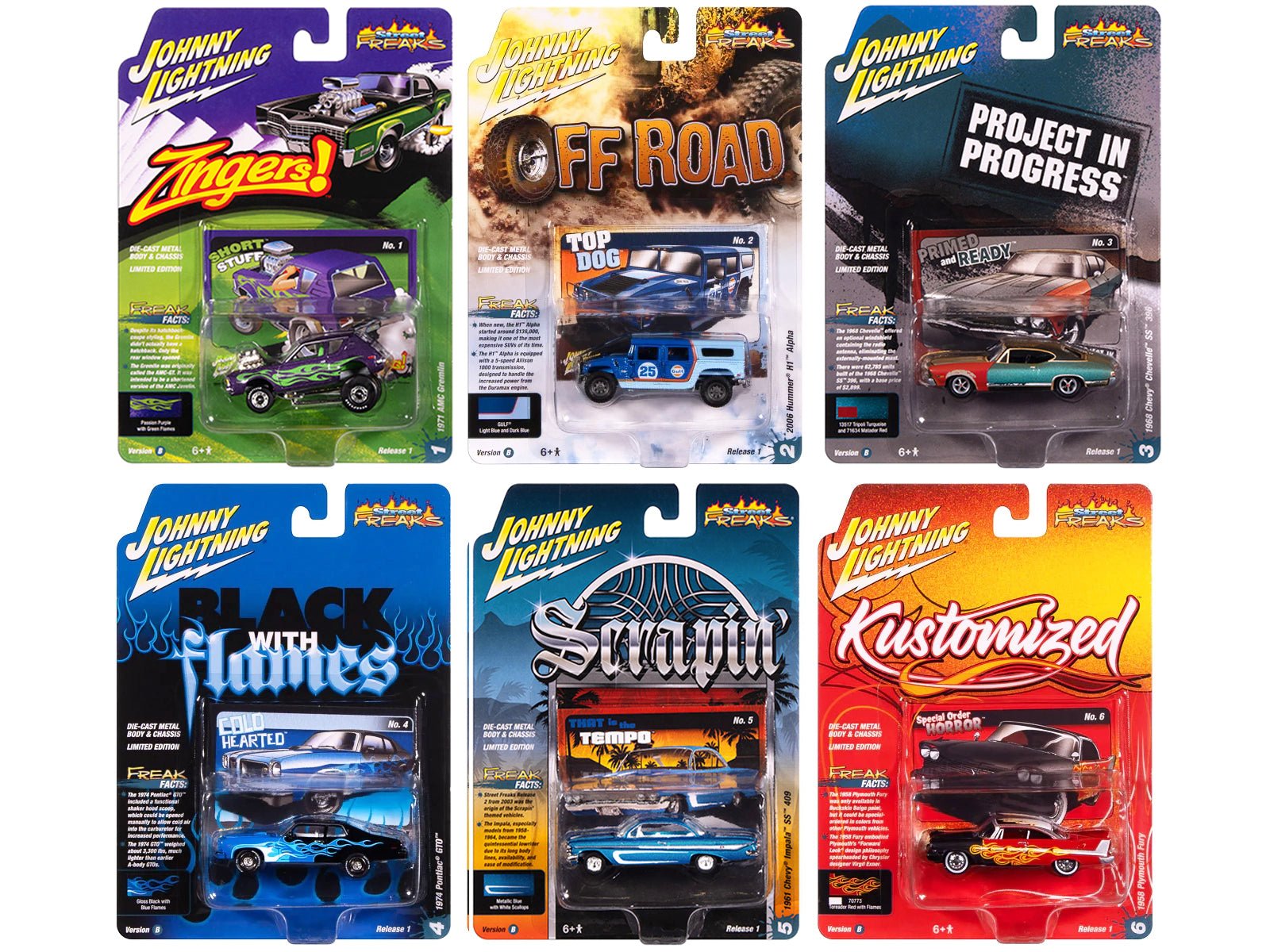 "Street Freaks" 2025 Release 1 Set B of 6 Cars 1/64 Diecast Model Cars by Johnny Lightning free shipping USA - Rapid Vehicles