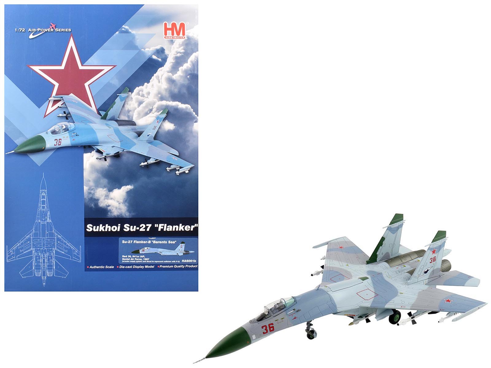 Sukhoi Su-27 Flanker-B Fighter Aircraft "Red 36 Barents Sea 941st IAP" (1987) Soviet Air Force "Air Power Series" 1/72 Diecast Model by Hobby Master free shipping USA - Rapid Vehicles