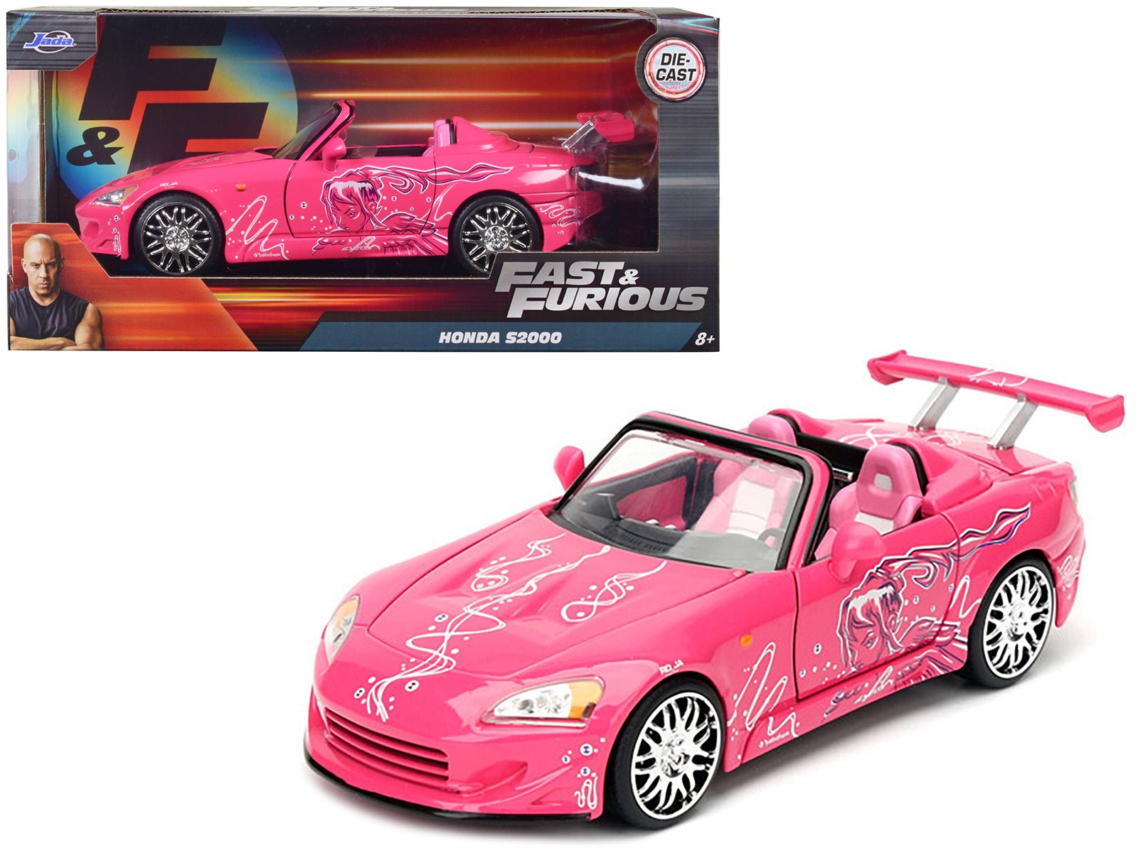 Suki's 2001 Honda S2000 Convertible Pink with Graphics "Fast & Furious" Movie 1/24 Diecast Model Car by Jada free shipping USA - Rapid Vehicles