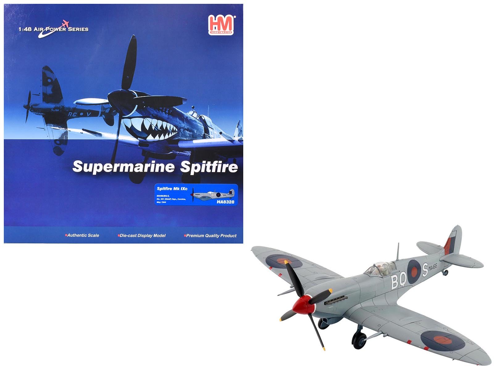Supermarine Spitfire Mk IXc Fighter Aircraft "MA466 BQ-S No. 451 Squadron Corsica" (1944) Royal Australian Air Force "Air Power Series" 1/48 Diecast Model by Hobby Master free shipping USA - Rapid Vehicles