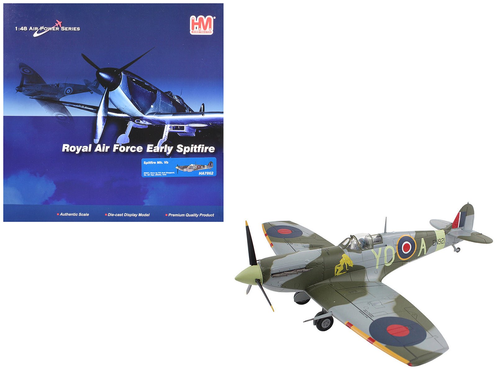 Supermarine Spitfire Mk Vb Fighter Aircraft "EN921 Flying Officer Jack Sheppard No. 401 Squadron" (1943) Royal Canadian Air Force "Air Power Series" 1/48 Diecast Model by Hobby Master free shipping USA - Rapid Vehicles