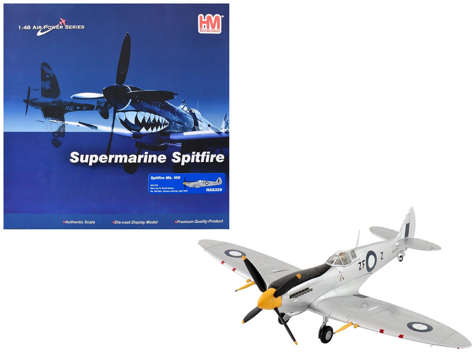Supermarine Spitfire Mk VIII Fighter Aircraft "A53-379 Flight Lieutenant David Glaser No. 549 Squadron Strauss Airstrip" (1944) Royal Australian Air Force "Air Power Series" 1/48 Diecast Model by Hobby Master free shipping USA - Rapid Vehicles