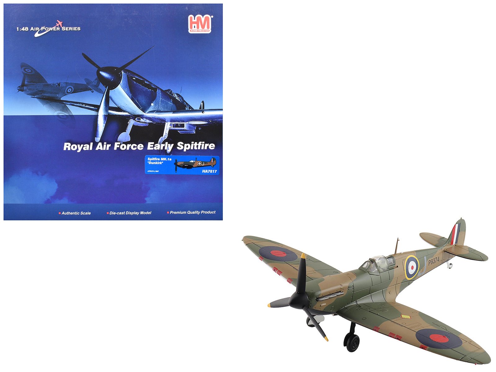 Supermarine Spitfire Mk.1a Fighter Aircraft "J/P9374 Dunkirk" British Royal Air Force "Air Power Series" 1/48 Diecast Model by Hobby Master free shipping USA - Rapid Vehicles