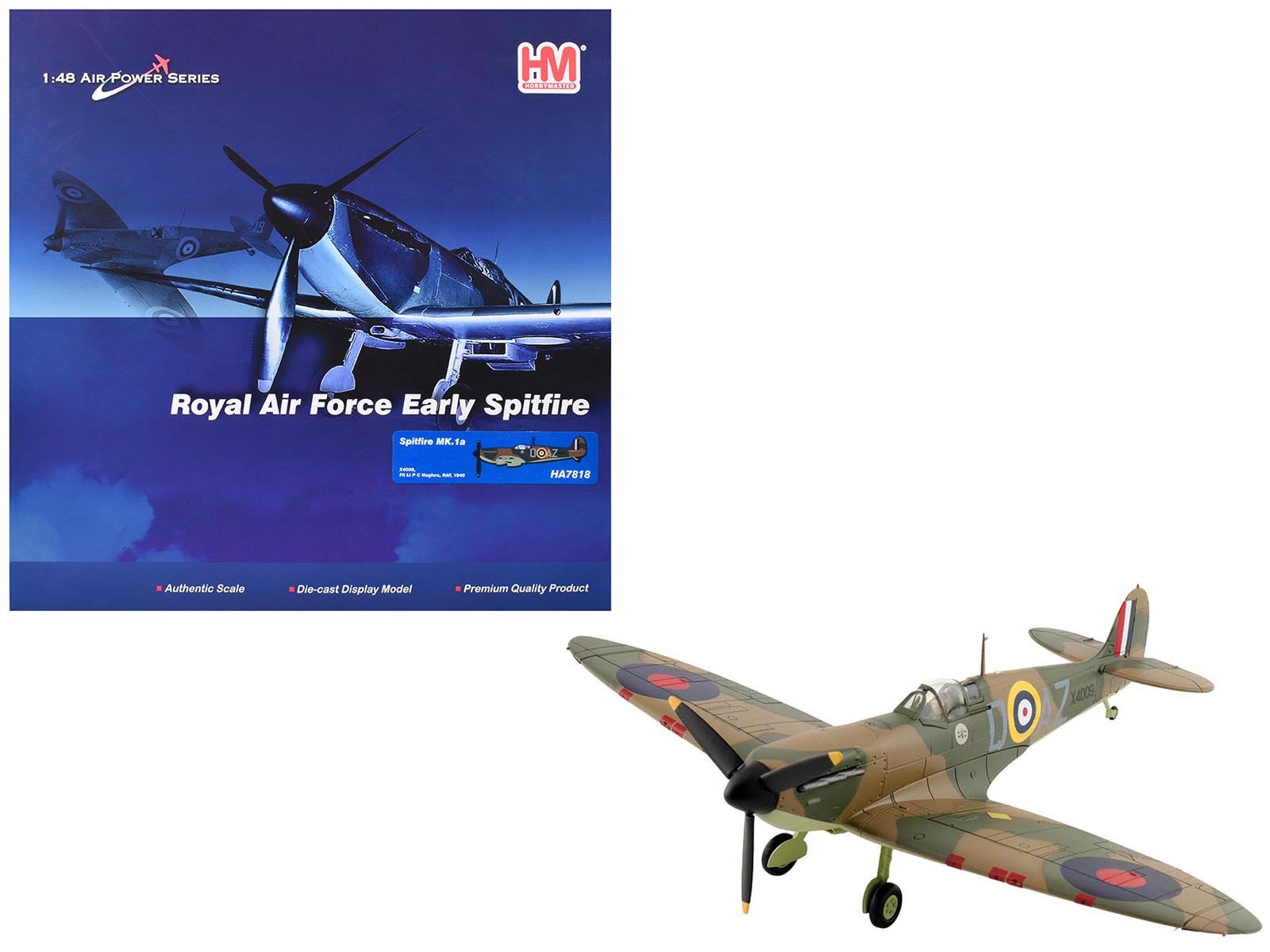 Supermarine Spitfire Mk.1a Fighter Aircraft "X4009 Flight Lieutenant P.C. Hughes" (1940) British Royal Air Force "Air Power Series" 1/48 Diecast Model by Hobby Master free shipping USA - Rapid Vehicles