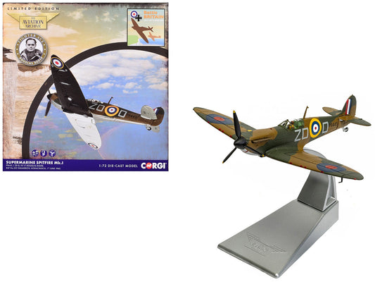 Supermarine Spitfire MkI Fighter Aircraft "P9443 ZD - D Flight Lieutenant Douglas Bader No. 222 Squadron Battle of Britain" (1940) Royal Air Force "The Aviation Archive" Series 1/72 Diecast Model by Corgi free shipping USA - Rapid Vehicles