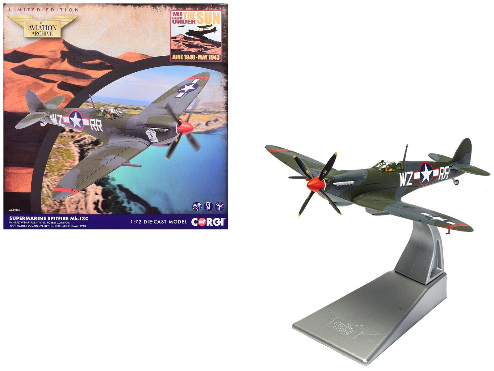 Supermarine Spitfire MkIXC Fighter Aircraft "Porky II Lt Robert Connor 309th Fighter Squadron 31st Fighter Group" (1943) United States Army Air Forces "The Aviation Archive" Series 1/72 Diecast Model by Corgi free shipping USA - Rapid Vehicles